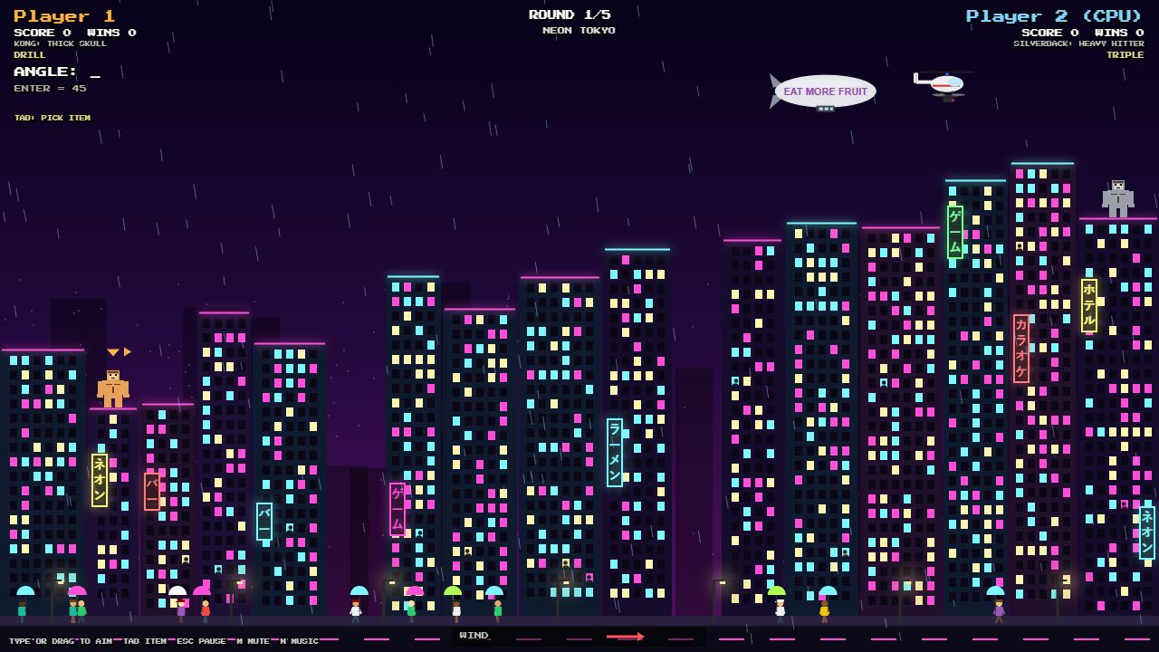 Gorillas gameplay on the Neon Tokyo map, with two apes on a colorful city skyline.